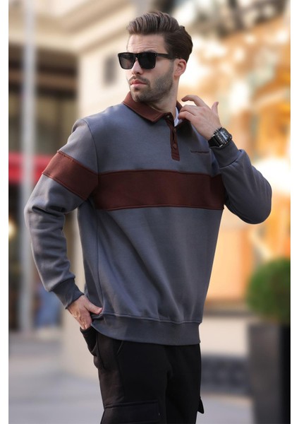 Füme Polo Yaka Renk Bloklu Erkek Sweatshirt 7072 modelleri
