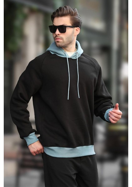 Siyah Renk Bloklu Kapüşonlu Sweatshirt 7073