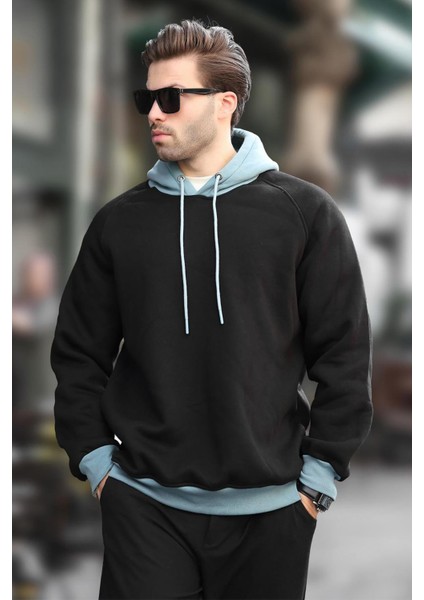 Siyah Renk Bloklu Kapüşonlu Sweatshirt 7073 modelleri