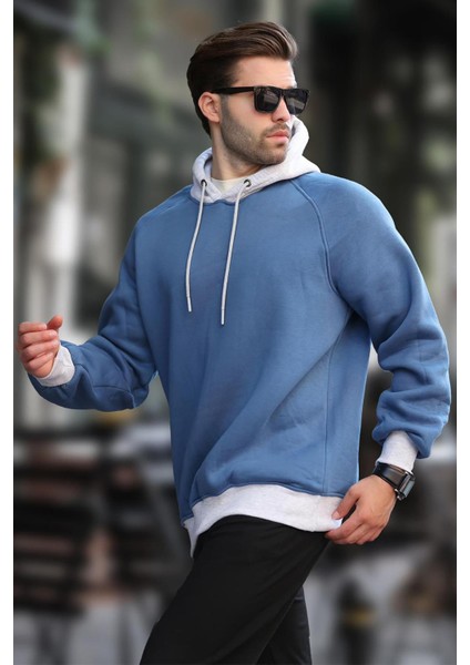 Indigo Renk Bloklu Kapüşonlu Sweatshirt 7073