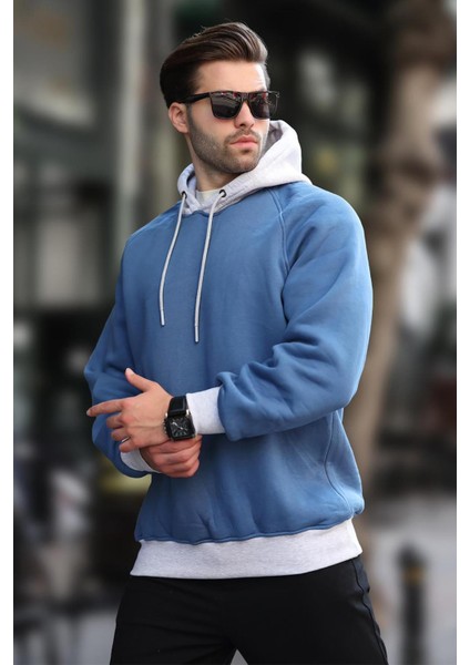 Indigo Renk Bloklu Kapüşonlu Sweatshirt 7073 fiyatları