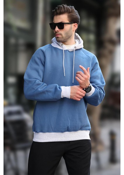 Indigo Renk Bloklu Kapüşonlu Sweatshirt 7073 modelleri