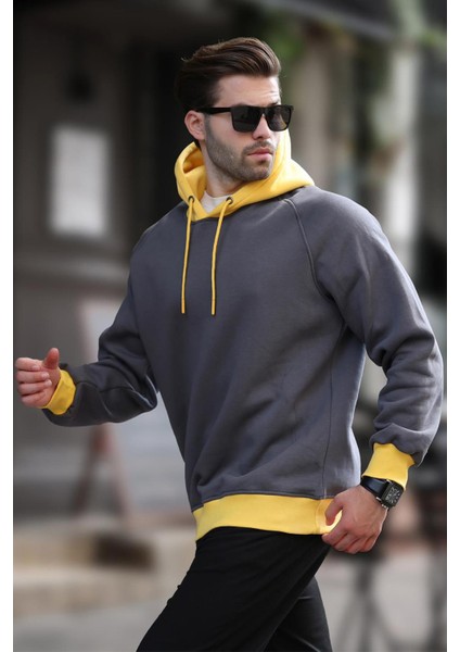 Füme Renk Bloklu Kapüşonlu Sweatshirt 7073