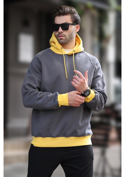 Füme Renk Bloklu Kapüşonlu Sweatshirt 7073 fiyatları