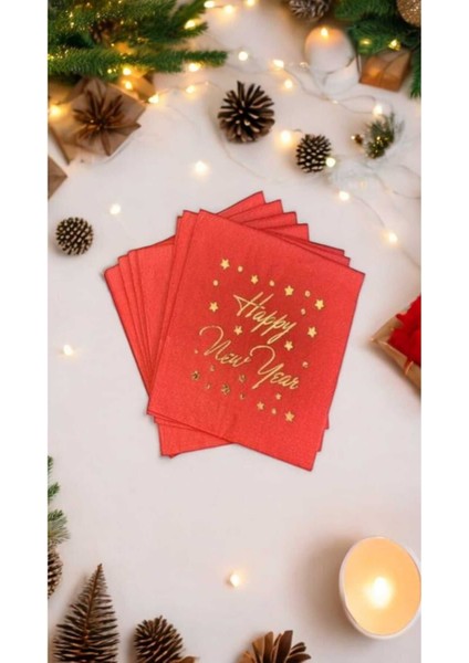 Yılbaşı Peçetesi Happy New Year Varaklı 40 Lı Kırmızı