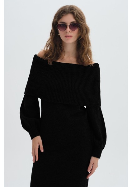 Siyah Şal Yaka Uzun Triko Elbise fiyatları