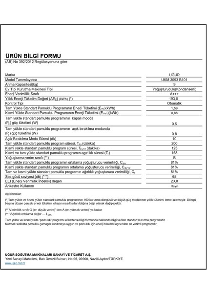 Ukm 3093 B101 9 kg A+++ Çamaşır Kurutma Makinesi