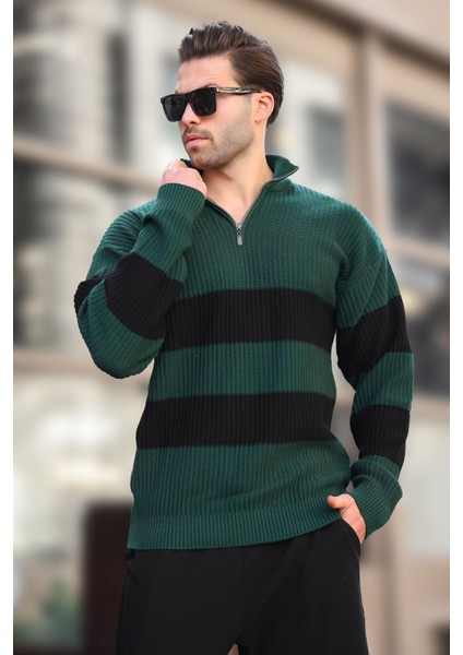 Yeşil Fermuar Yaka Çizgili Erkek Kazak E7272