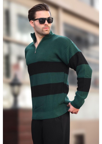 Yeşil Fermuar Yaka Çizgili Erkek Kazak E7272 fiyatları
