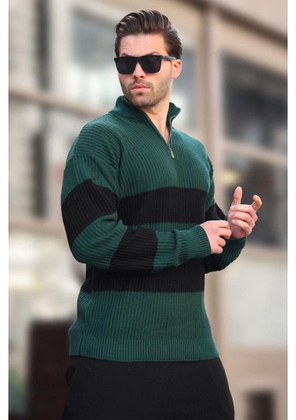 Yeşil Fermuar Yaka Çizgili Erkek Kazak E7272 modelleri