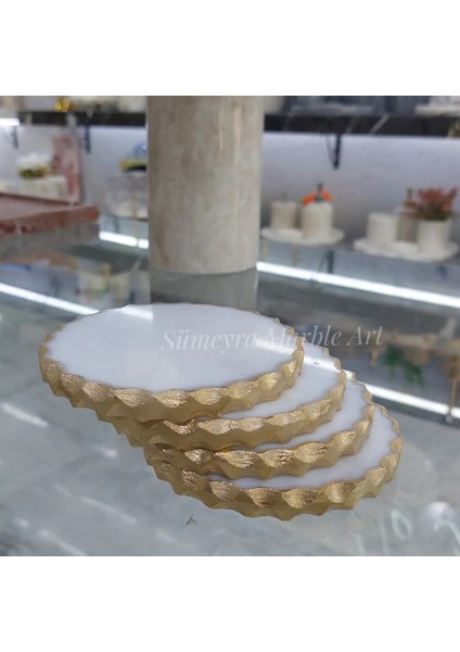 Doğal Beyaz Mermer Bardak Altlığı 4lü | Gold