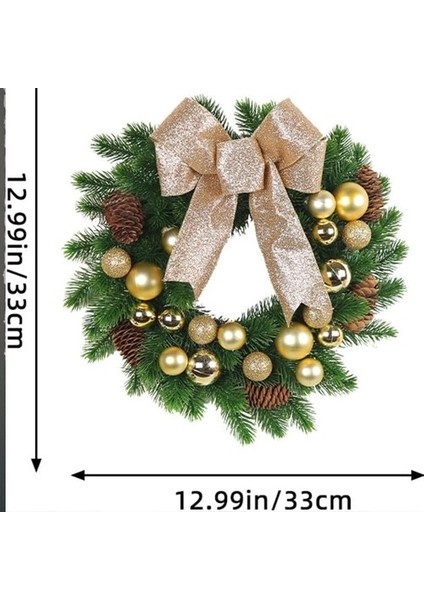 Yılbaşı Top - Kozalak - Fiyonklu Çelenk Kapı Süsü Gold 33 cm modelleri
