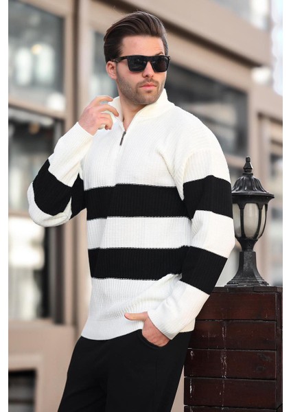 Ekru Fermuar Yaka Çizgili Erkek Kazak E7272 fiyatları