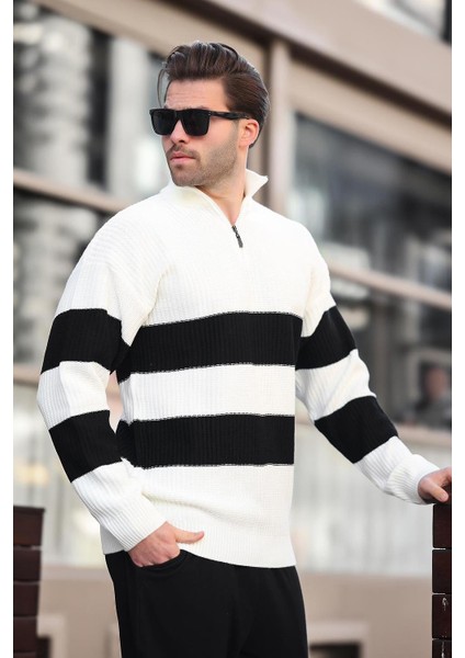 Ekru Fermuar Yaka Çizgili Erkek Kazak E7272 modelleri