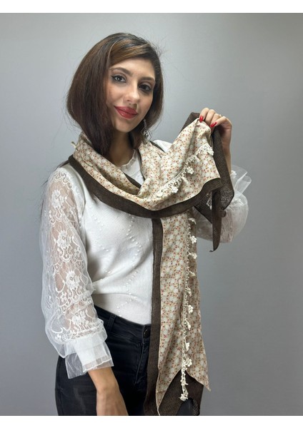 Çiçekli Şifon ve Triko Ikili Kadın Oyalı Fular Şal 200X25 cm modelleri