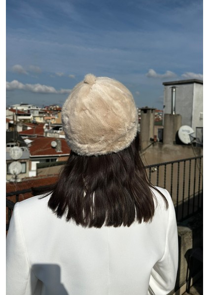 Peluş Tüylü Bej Ressam Bere Lüks Kadın Şapka Ayarlanabilir Ipli