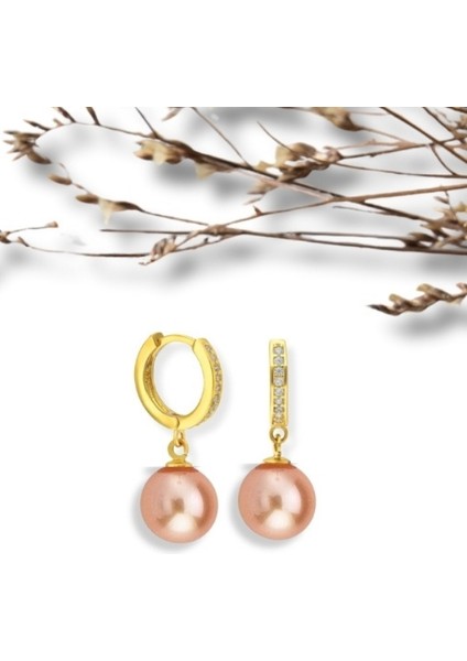 Şık Gold Renk Pembe Inci Taşlı 925 Ayar Gümüş Küpe