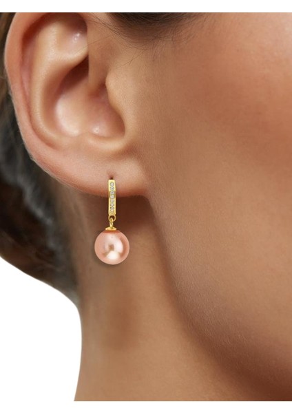 Şık Gold Renk Pembe Inci Taşlı 925 Ayar Gümüş Küpe