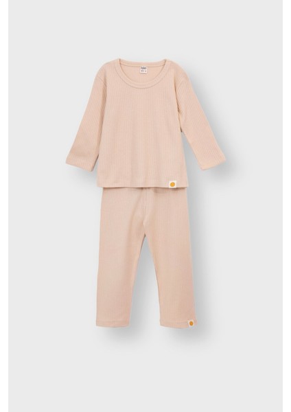 Basic Fitilli Interlok Kumaş %100 Pamuk 1-5 Yaş Ekru Bebek Pijama Takımı