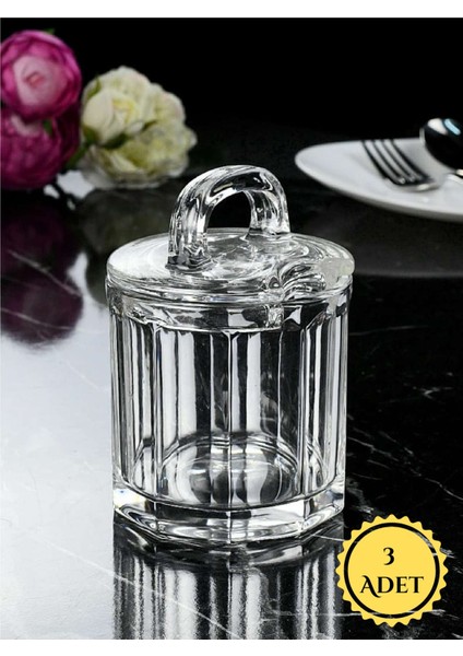 3 Adet Kaşık Bölmeli Kapaklı Baharatlık-Şekerlik-Kalın Cam Kavanoz Seti - 300 Ml.