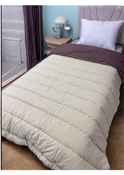 Pamuk Ranforce Tek Kişilik Çift Taraflı Yorgan Krem-Kahve