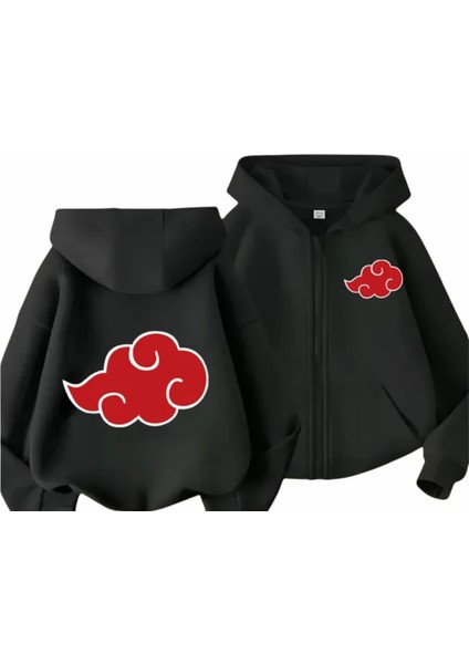 Kids Face Özel Tasarım Kapüşonlu Tam Fermuarlı Anime Bulut Göğüs Sırt Baskılı Kışlık Erkek Çocuk Sweatshırt