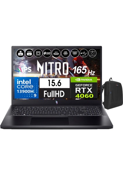 Nitro 5 ANV15-51 V15 Ntel Core I9-13900H 24GB Ddr5 2tb SSD 8GB/RTX4060 Freedos 15.6" 165Hz Fhd Taşınabilir Bilgisayar NHQQEEY00503+WEBLEGELSINÇANTA