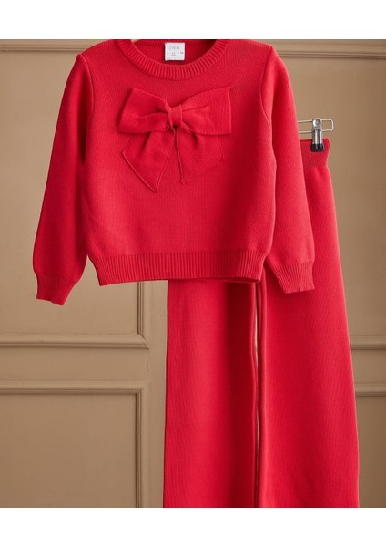 Kız Fiyonk Detaylı Kırmızı Triko Takım