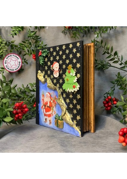 El Yapımı Yılbaşı Temalı Ahşap Kitap Şeklinde Dekoratif Kutu - 17 x 20 cm
