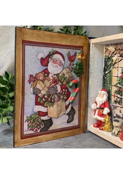 El Yapımı Yılbaşı Temalı Ahşap Kitap Şeklinde Dekoratif Kutu - 17 x 20 cm fiyatları