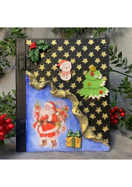 El Yapımı Yılbaşı Temalı Ahşap Kitap Şeklinde Dekoratif Kutu - 17 x 20 cm fırsatları