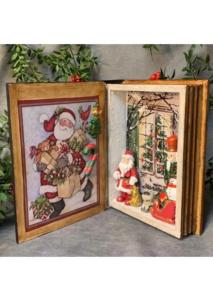 El Yapımı Yılbaşı Temalı Ahşap Kitap Şeklinde Dekoratif Kutu - 17 x 20 cm indirimleri
