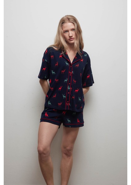 Kadın Pamuklu Kısa Kollu Gömlek Pijama Üstü