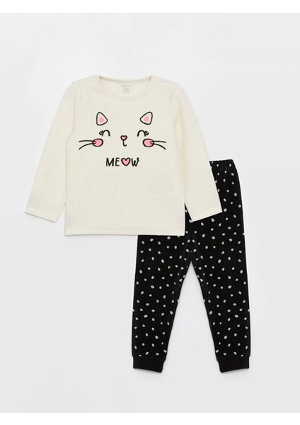 Ruyyen Gpj Lcw Baby Ekru Bisiklet Yaka Uzun Kollu Nakışlı Kadife Kız Bebek Pijama Takımı