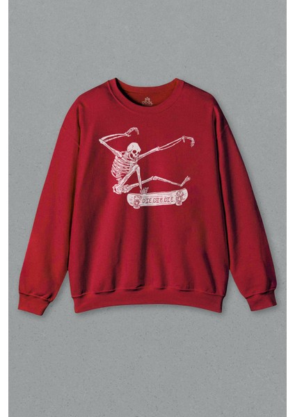 Kırmızı Sweatshirt Kaykay Skateboarding Skeleton Iskelet Skull Kuru Kafa Baskılı Sweat