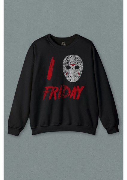 Unisex Siyah Sweatshirt Friday The 13TH 13. Cuma Onüçüncü Korku Baskılı Sweat