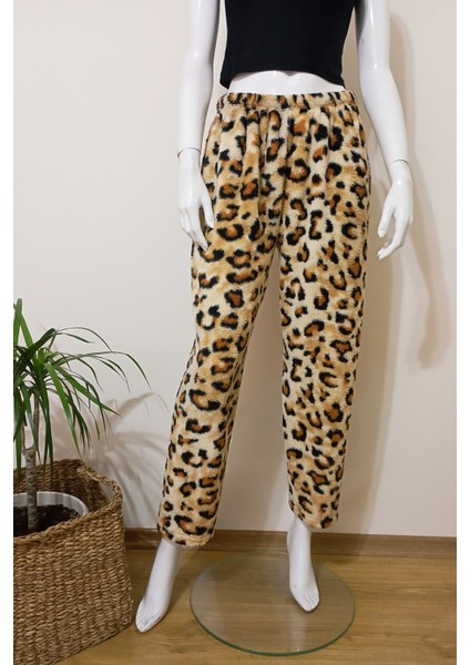 Kadın Leopar Desenli Yumuşacık Kışlık Peluş Pijama Altı