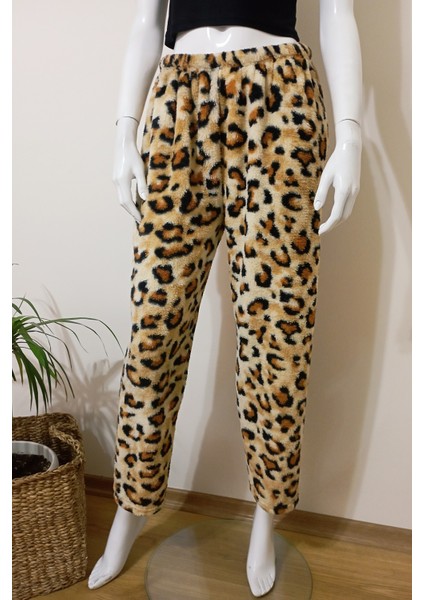 Kadın Leopar Desenli Yumuşacık Kışlık Peluş Pijama Altı