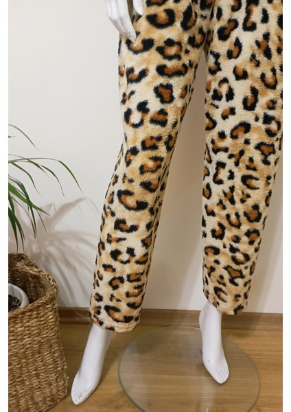 Kadın Leopar Desenli Yumuşacık Kışlık Peluş Pijama Altı