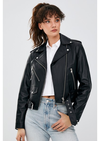 Newage Kadın Siyah Biker Deri Ceket
