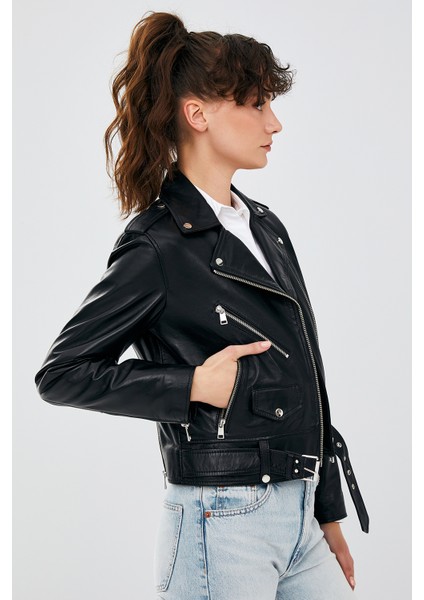 Newage Kadın Siyah Biker Deri Ceket