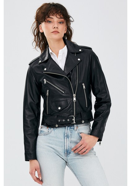 Newage Kadın Siyah Biker Deri Ceket