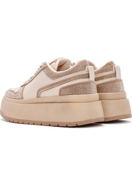 Kadın Bej Kalın Tabanlı Taşlı Bağcıklı Sneaker