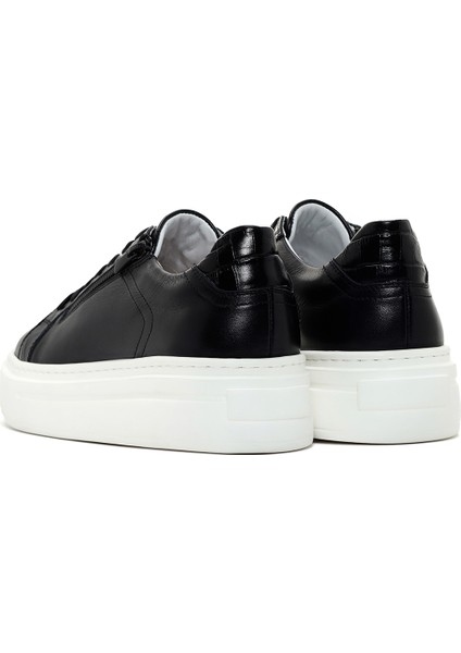 Erkek Siyah Kalın Tabanlı Bağcıklı Deri Sneaker