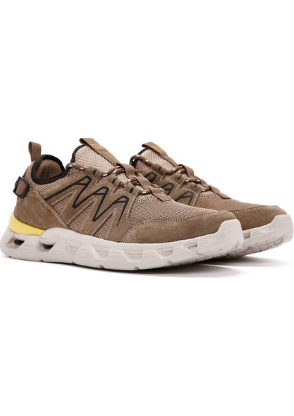 Erkek Bej Bağcıklı Kalın Tabanlı Deri Sneaker