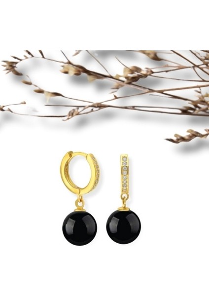 Şık Gold Renk Onks Taşlı 925 Ayar Gümüş Küpe