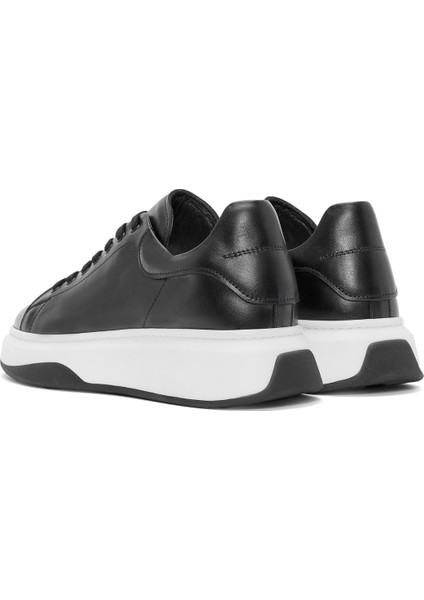 Erkek Siyah Bağcıklı Kalın Tabanlı Deri Sneaker 24WFD632318