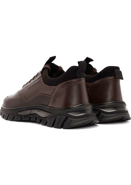 Erkek Kahverengi Bağcıklı Deri Sneaker 24WFD650618