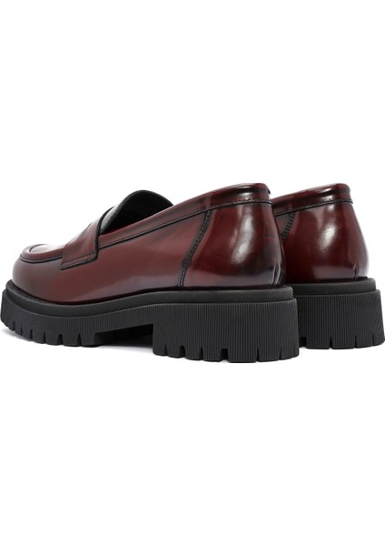 Kadın Bordo Kalın Tabanlı Deri Maskülen Loafer 24WFD236322