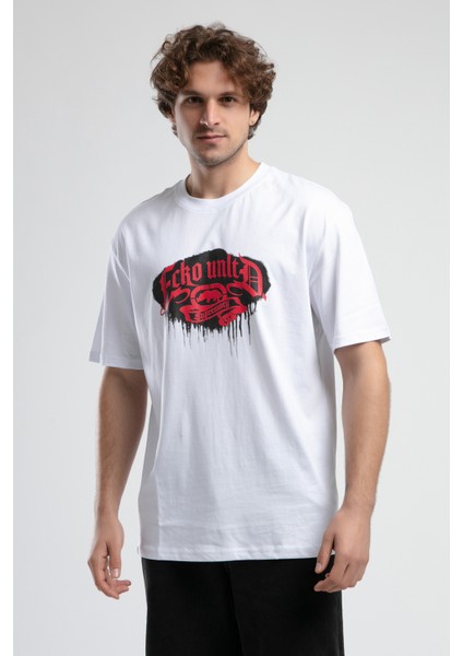 Rockefella Beyaz Bisiklet Yaka Baskılı Oversize Erkek Tshirt